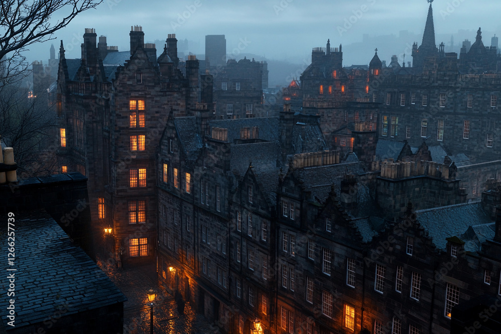 Obraz premium Historic Edinburgh streets illuminated at dusk with warm lights glowing from windows