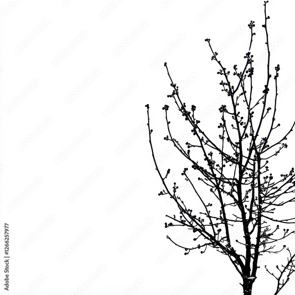 Fototapeta premium solitary tree silhouette against white background, showcasing delicate branches and budding leaves, evokes sense of tranquility and nature beauty
