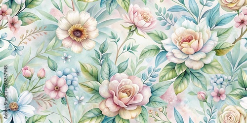 A Pastel Watercolor Floral Pattern Featuring Delicate Roses, Daisies, and Lush Greenery on a Soft Mint Background