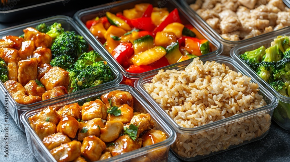 A meal preparation with glass container, packed with healthy meals like stir-fried chicken, brown rice, microwave behind, top view. A meal preparation with glass container, packed with healthy meals like stir-fried chicken, brown rice, microwave behind, top view.