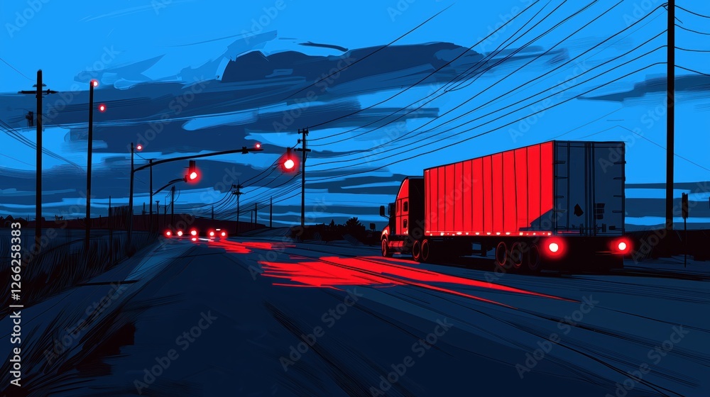 truck driving on an empty road at night. stylized and cinematic illustration.