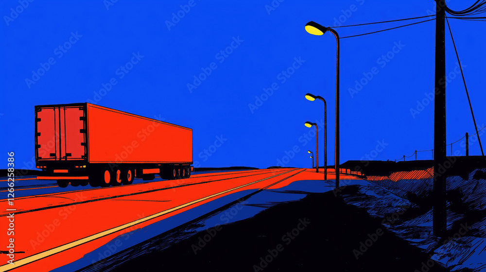 truck driving on an empty road at night. stylized and cinematic illustration.