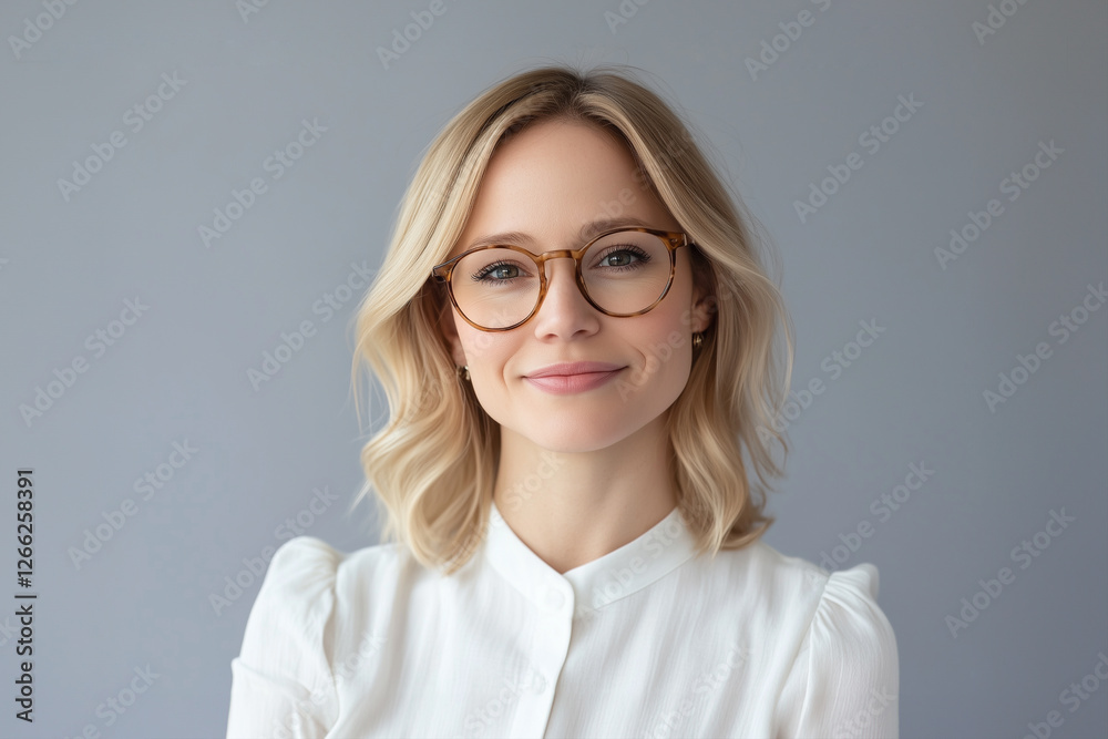 Blonde hair young woman wearing white blouse. Isolated on light gray background. Blonde hair young woman wearing white blouse. Isolated on light gray background.