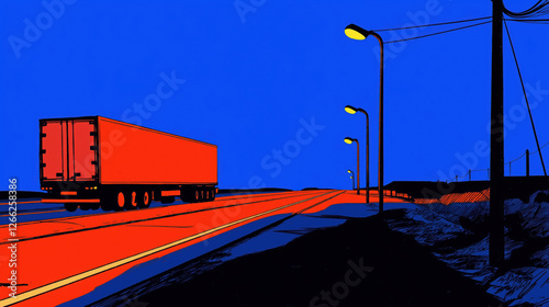 Obraz na płótnie truck driving on an empty road at night. stylized and cinematic illustration. w salonie