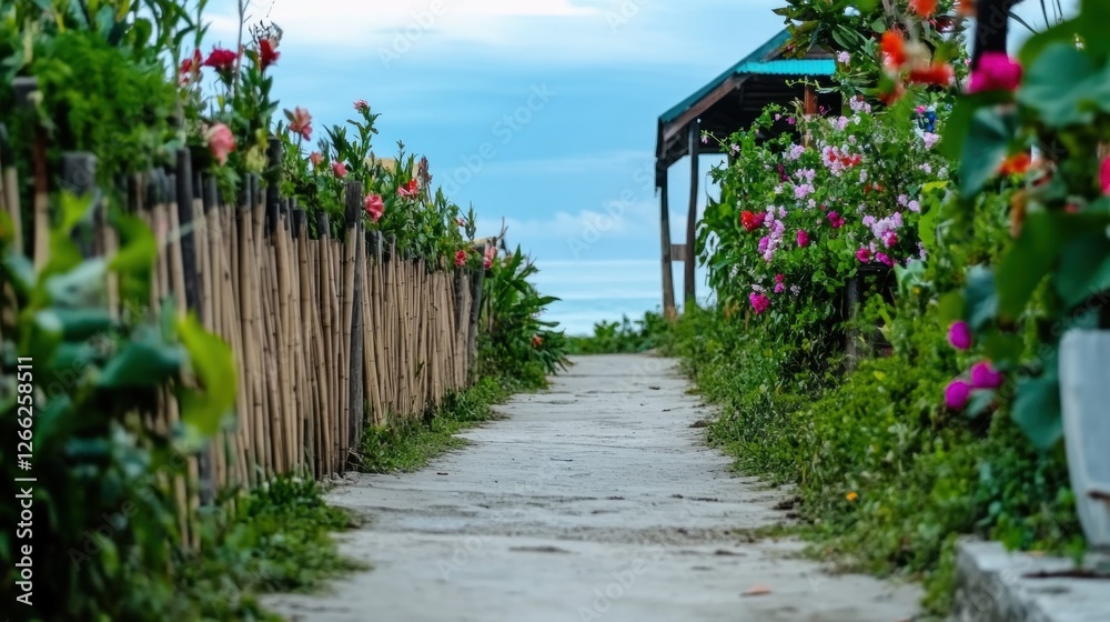 Fototapeta premium Pathway leading to a beachfront bungalow surrounded by vibrant tropical flowers and rustic bamboo fencing, bathed in natural light