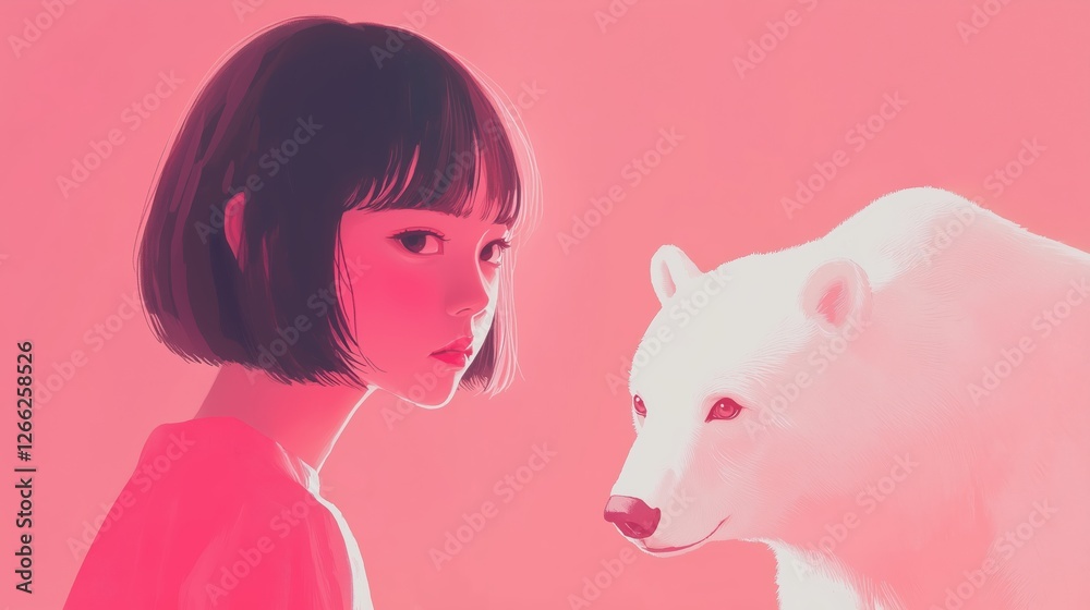 girl and a white bear in a soft pink atmosphere. dreamy and artistic illustration.