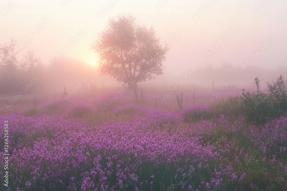Misty Sunrise Over Lavender Field Misty Sunrise Over Lavender Field