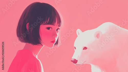 Obraz na płótnie girl and a white bear in a soft pink atmosphere. dreamy and artistic illustration. w salonie