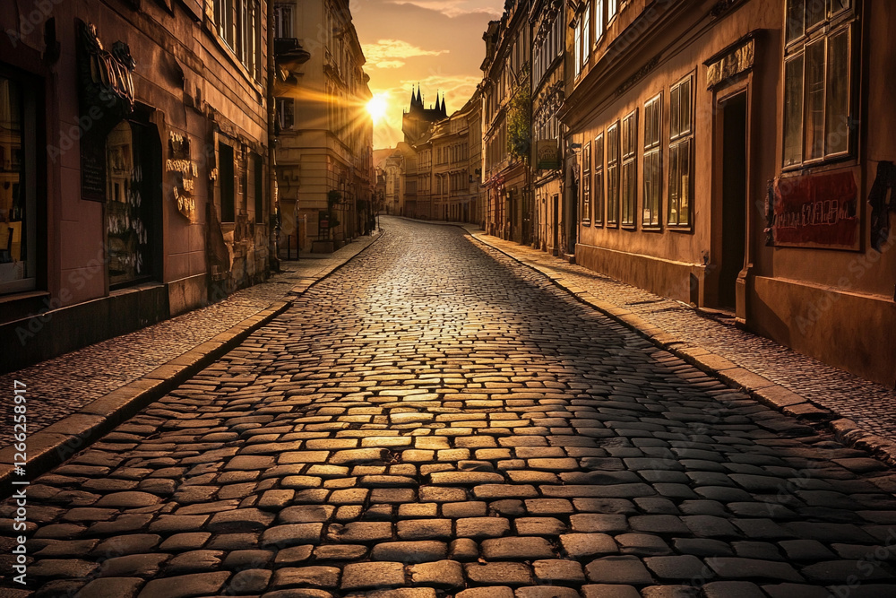 Naklejka premium Golden sunset illuminates cobblestone street in historic city during late afternoon