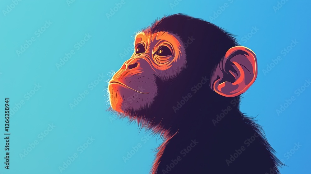 Illustration of the head and shoulders of an adorable monkey, in profile view.