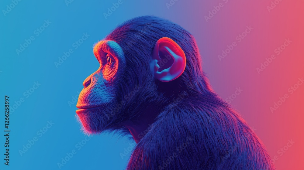 close-up of a baby chimpanzee with neon lighting. futuristic and vibrant digital art.