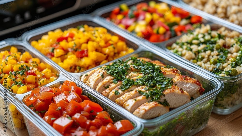 A meal preparation with glass container, packed with healthy meals like stir-fried chicken, brown rice, microwave behind, top view. A meal preparation with glass container, packed with healthy meals like stir-fried chicken, brown rice, microwave behind, top view.