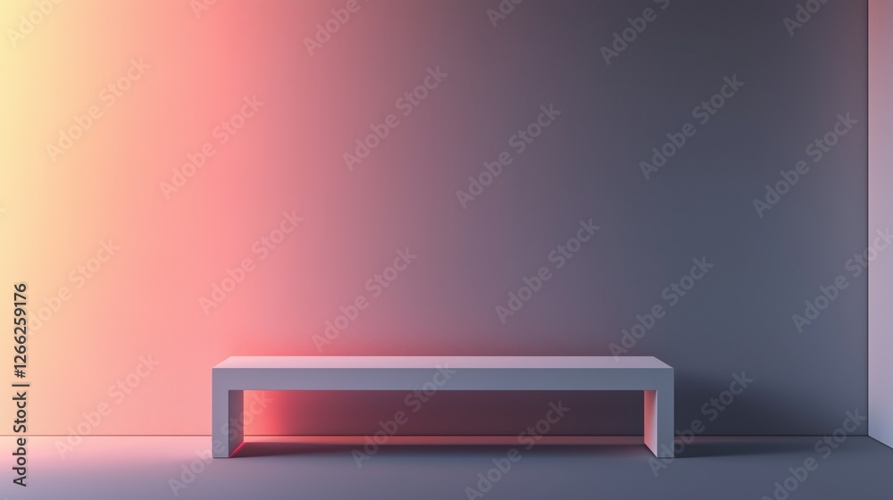 modern bench against a gradient wall. warm and cool lighting contrast.
