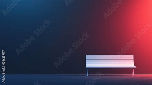 modern bench against a gradient wall. warm and cool lighting contrast.