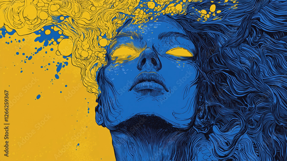 surreal portrait of a woman with glowing eyes and flowing liquid hair. intricate and visionary illustration.