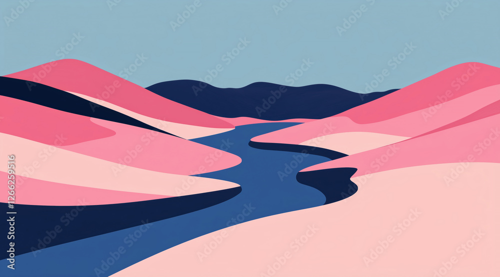 abstract landscape with a winding river and colorful hills. minimalist and serene illustration.
