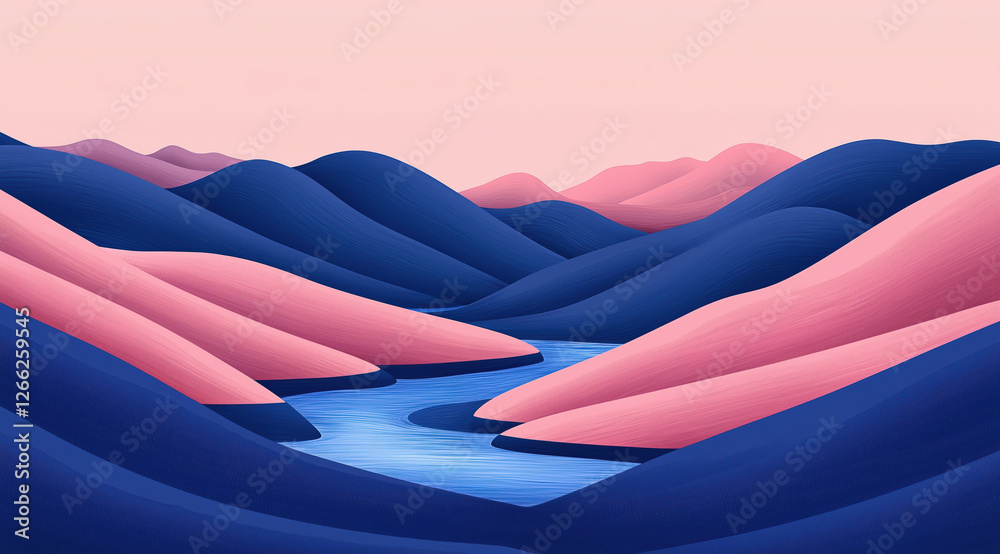 abstract landscape with a winding river and colorful hills. minimalist and serene illustration.