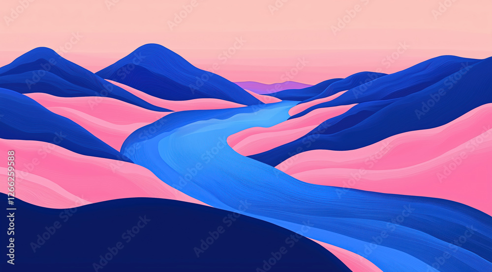 abstract landscape with a winding river and colorful hills. minimalist and serene illustration.
