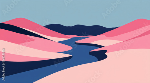 Obraz na płótnie abstract landscape with a winding river and colorful hills. minimalist and serene illustration. w salonie