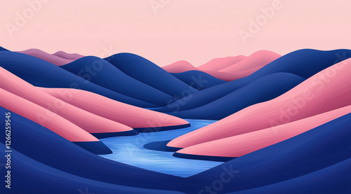 Obraz na płótnie abstract landscape with a winding river and colorful hills. minimalist and serene illustration. w salonie