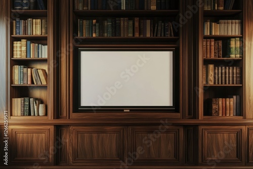 Wooden library wall unit with TV photo