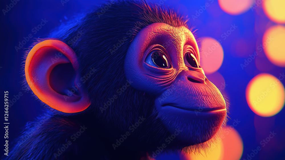 close-up of a baby chimpanzee with neon lighting. futuristic and vibrant digital art.