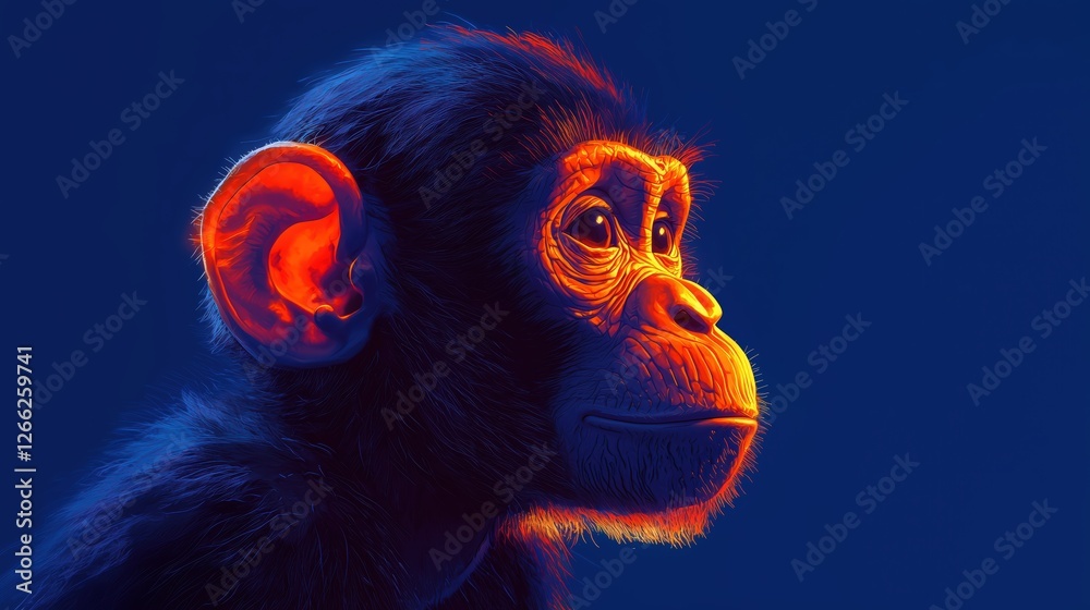 close-up of a baby chimpanzee with neon lighting. futuristic and vibrant digital art.