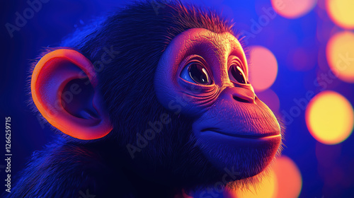 Obraz na płótnie close-up of a baby chimpanzee with neon lighting. futuristic and vibrant digital art. w salonie
