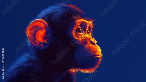 close-up of a baby chimpanzee with neon lighting. futuristic and vibrant digital art.