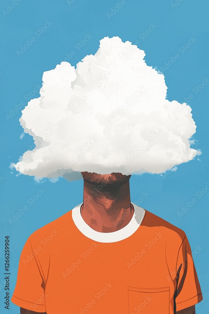 man with a cloud covering his head. surreal and imaginative illustration.