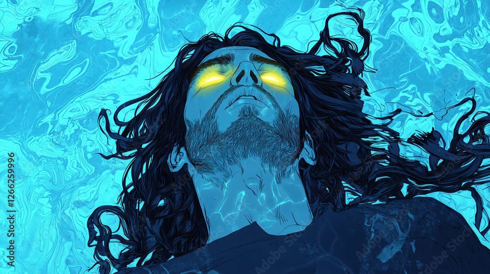 man floating in water with glowing eyes. surreal and mystical illustration.