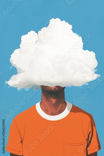 man with a cloud covering his head. surreal and imaginative illustration.