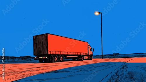 truck driving on an empty road at night. stylized and cinematic illustration.