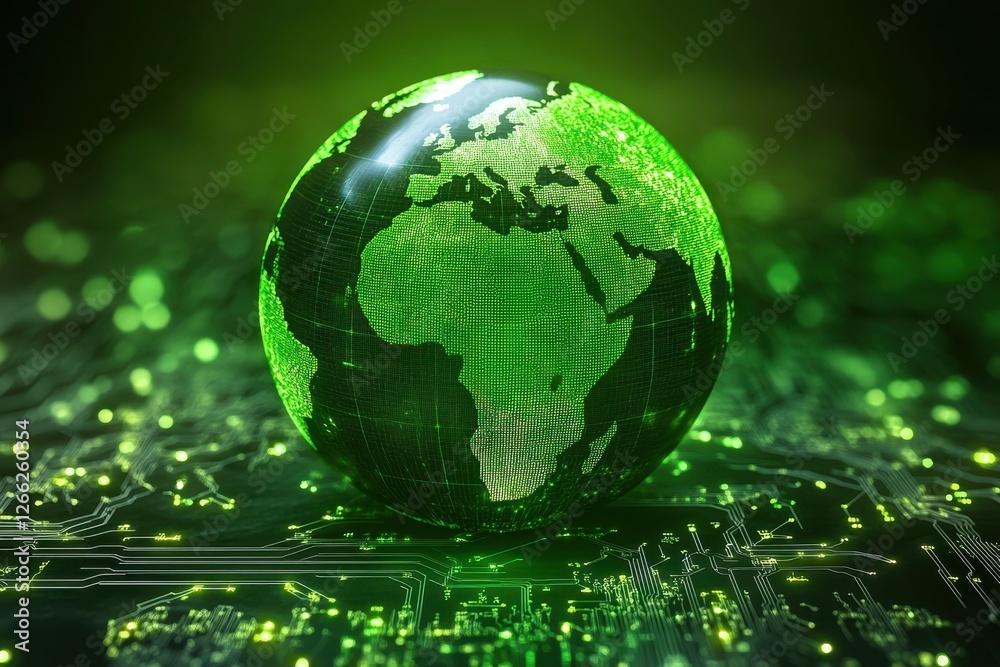 Green digital globe on circuit board. Illustrates global connectivity, technology, and digital world. Green digital globe on circuit board. Illustrates global connectivity, technology, and digital world.