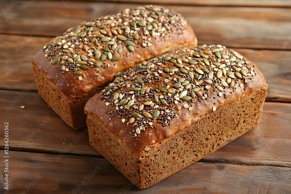 Artisan whole grain bread with seeds on rustic wooden table. Artisan whole grain bread with seeds on rustic wooden table.