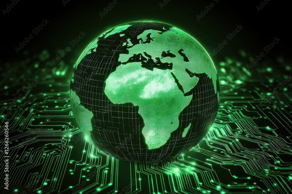 Fototapeta premium Green glowing globe on circuit board. Illustrates global connectivity, technology, and data.