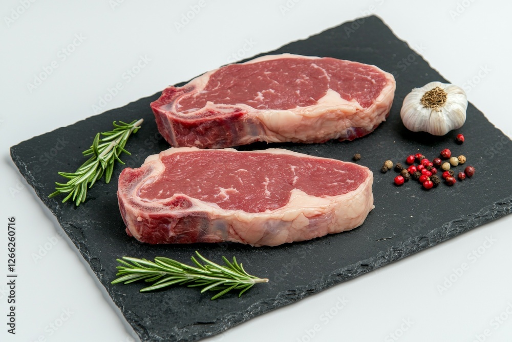 Two pieces of meat with a black background and some herbs and spices, ribeye steak concept Two pieces of meat with a black background and some herbs and spices, ribeye steak concept