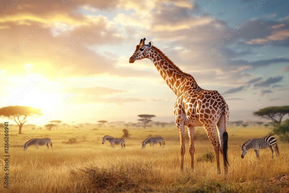 Giraffe stands in the middle of a field with other animals, including zebras, savannah with giraffes concept Giraffe stands in the middle of a field with other animals, including zebras, savannah with giraffes concept