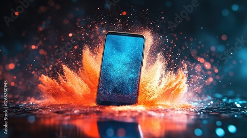 Centered in the frame the smartphone appears to be levitating within a vibrant energyfilled shield constructed of shimmering particles conveying an impression of tingedge technology photo