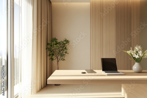 Modern minimalist wooden office desk, city view, sunlight streaming through curtains