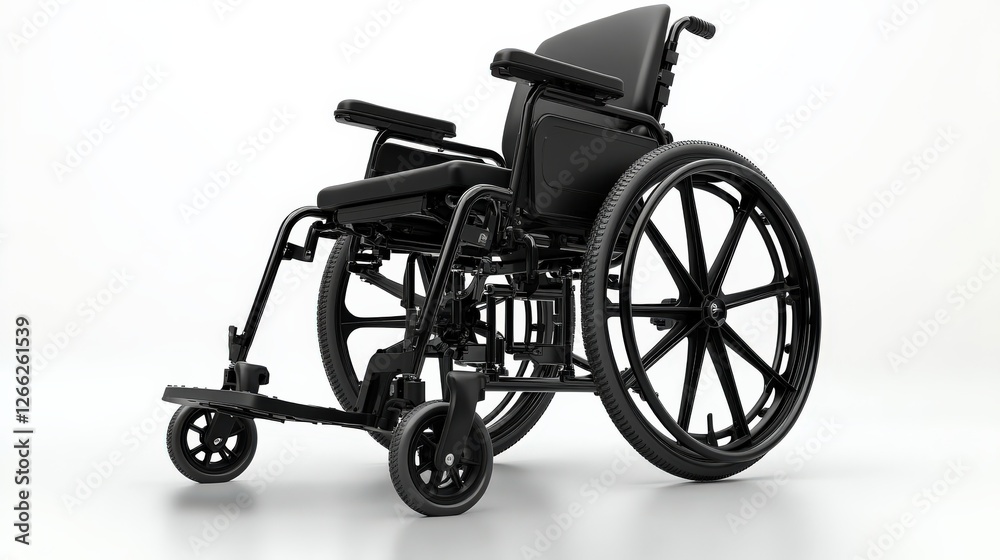 Fototapeta premium Black wheelchair positioned at an angle on a white background, showcasing its design and functionality