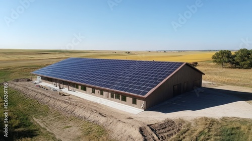 Solar panels installed on building roof in open field with clear sky