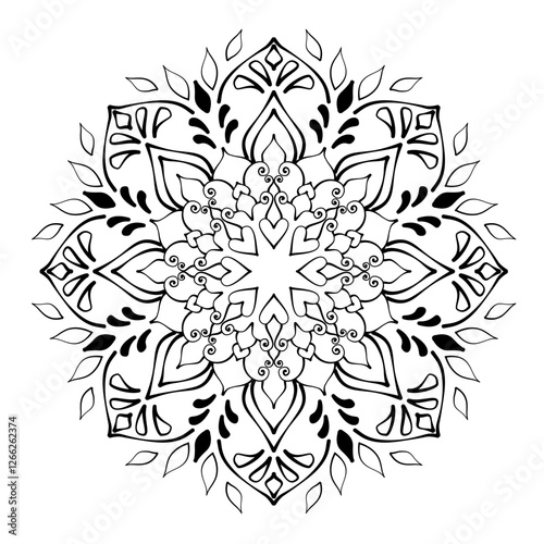 A vibrant and intricate mandala design with symmetrical patterns. The mandala is composed of geometric shapes and fine lines, radiating from the center with a balanced flow. The colors are rich 