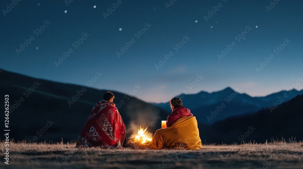 Fototapeta premium Wrapped in blankets, a couple sits by a campfire, savoring warm drinks while gazing at the stars in a serene mountain landscape