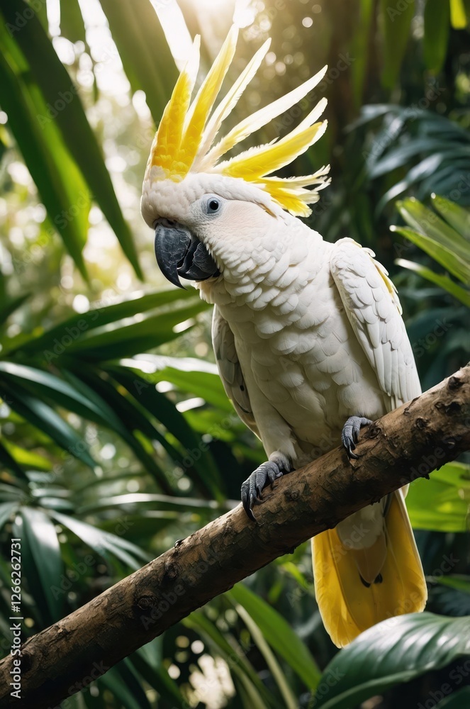 A vibrant yellow-crested cockatoo perched on a branch amidst lush greenery. A vibrant yellow-crested cockatoo perched on a branch amidst lush greenery.