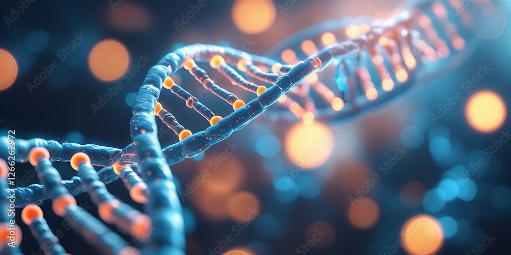 A glowing 3D-rendered DNA helix with a futuristic, high-tech aesthetic, symbolizing genetic research, biotechnology, molecular science, and advancements in medicine and bioengineering.

