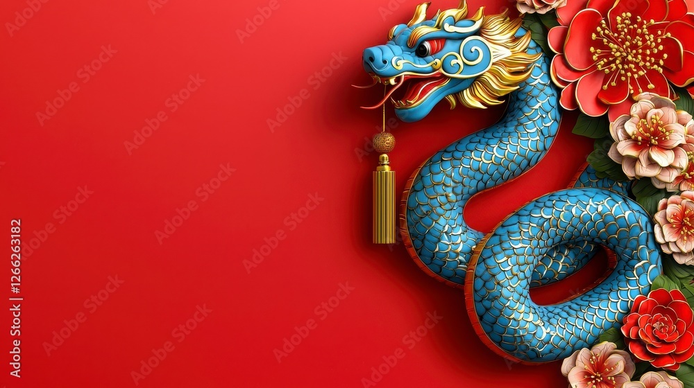Obraz premium A vibrant blue dragon entwined among red flowers, set against a rich red background, symbolizing prosperity and good fortune.
