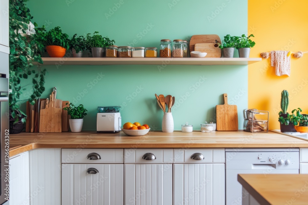 Fototapeta premium Modern kitchen with mint and yellow walls