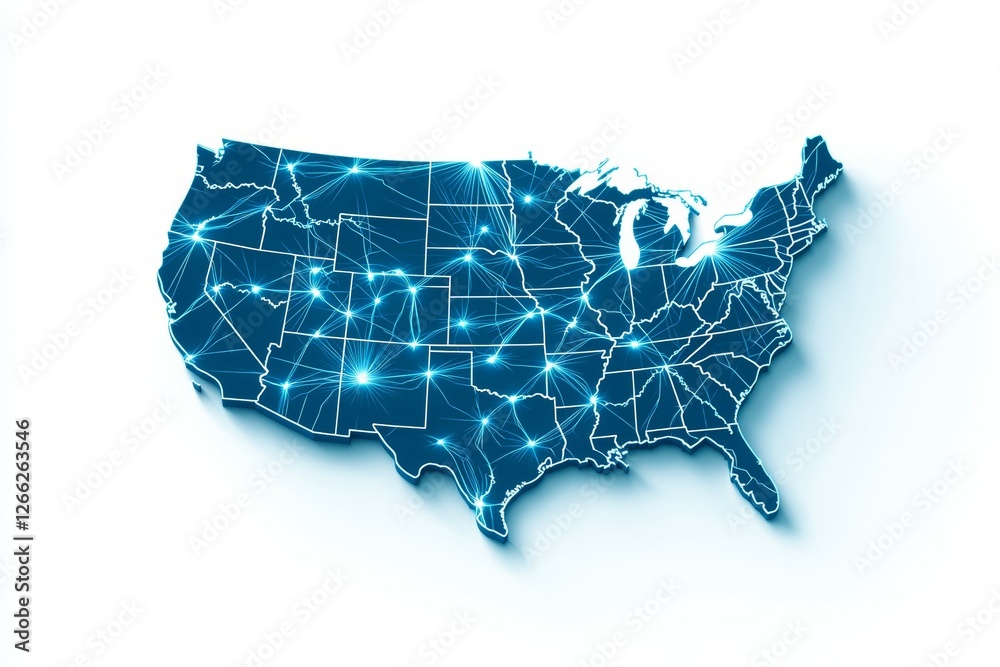Obraz premium Blue map of the United States with a network of lines connecting the states