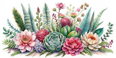 Crédence de cuisine Jungle Vibrant Watercolor Floral Arrangement Featuring Succulents, Ferns, and Other Exotic Blooms, Ideal for Wedding Invitations, Greeting Cards, or Home Decor  © PloyJai